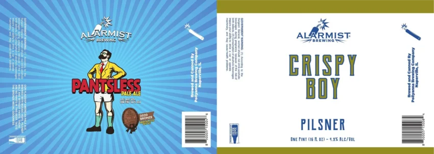 Alarmist Pantsless and Crispy Boy labels.